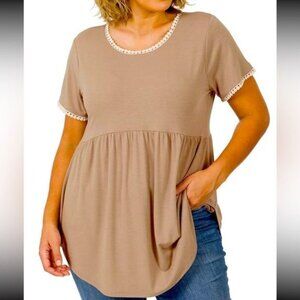 Buttery Soft Short Sleeve Baby Doll Rayon Top With Pompom trim 1x 2x 3x
